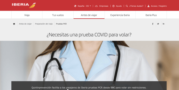 Web de Iberia para hacer test de Coronavirus Covid-19